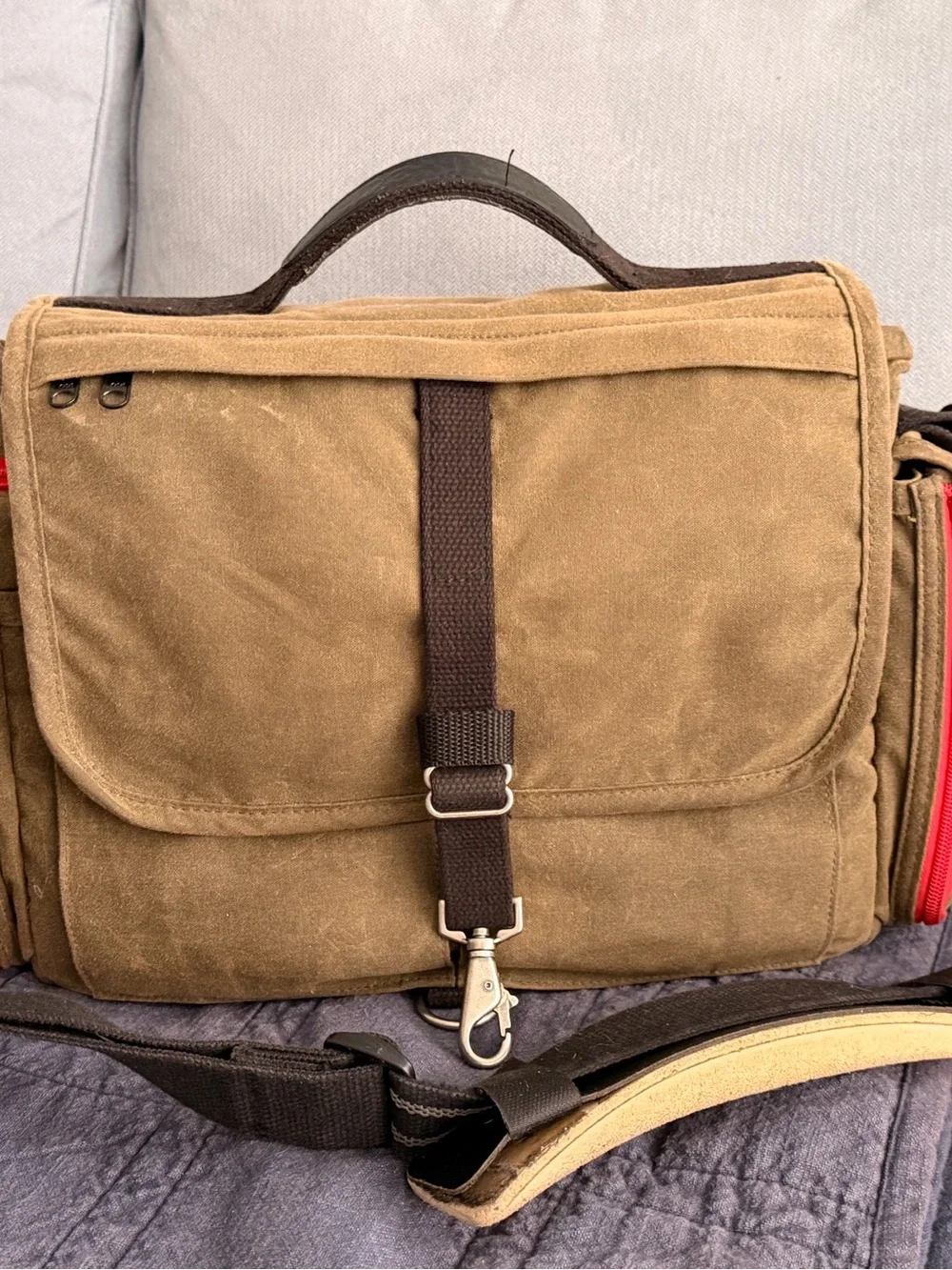 Canvas Messenger Bag /Camera Bag in Green with Black Strap, Orange trim